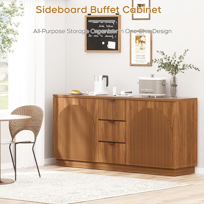 Yechen 67" Walnut Fluted Sideboard Buffet Cabinet with 4 Arched Reeded Design Doors &3 Drawers, Mid Century Modern Credenza Storage Cabinet with Adjustable Shelves, for Living Room Dinning Hallway
