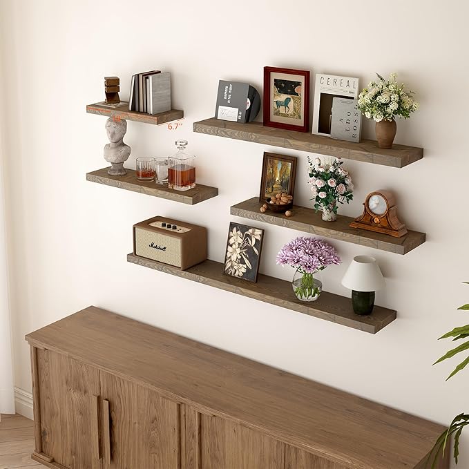 BGMG Wood Floating Shelves for Wall 18 inch, Distressed Rustic Wooden Wall Mount Shelves for Bathroom Living Room Bedroom Kitchen Farmhouse Set of 2-18x6.7x1.25 inch-Distressed Walnut