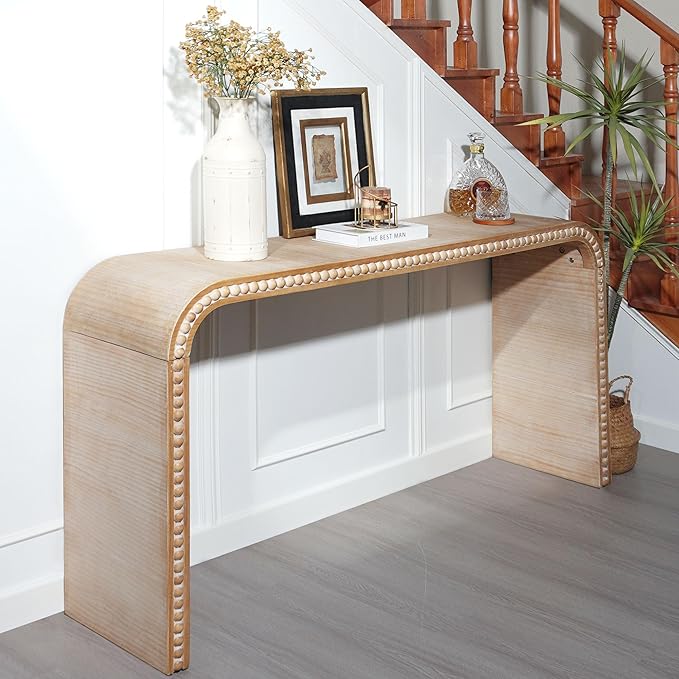 Wood Console Table, 59" Retro Long Sofa Table Behind Couch with Real Wood Beads Decor, Wooden Narrow Sofa Table Hall Table for Living Room Foyer Entrance Entryway, Natural