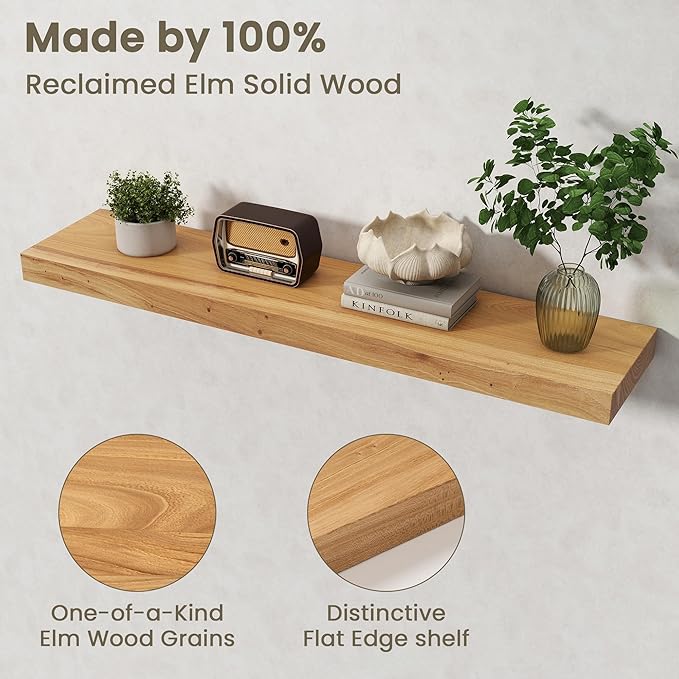Fun Memories Solid Elm Wood Floating Shelves Set of 1-40 Inch Rustic Wall Shelves with Heavy-Duty Invisible Brackets - for Living Room, Kitchen, Bedroom, Bathroom - Natural Finish