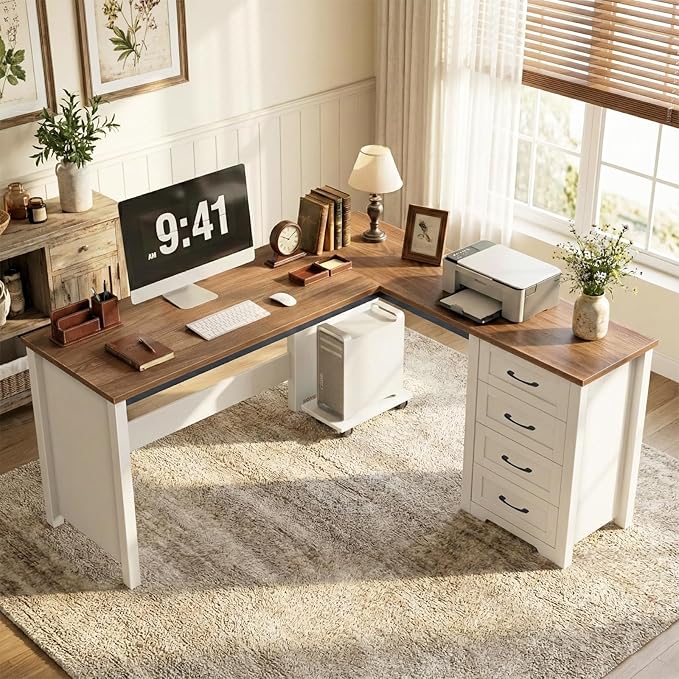 Vabches 61”Farmhouse L Shaped Executive Desk with Drawers, Corner Computer Desk with Mobile CPU Stand, Wood Writing Computer Desk for Work, Study