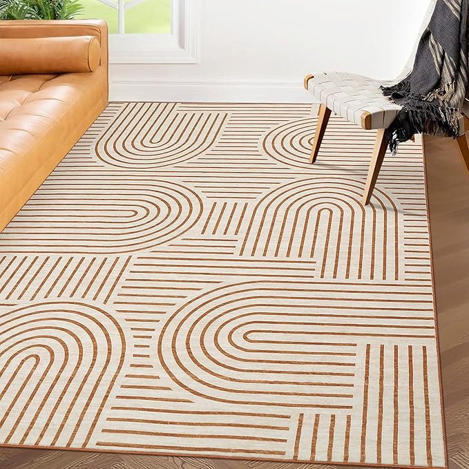 Washable Rug 3x5 Area Rugs for Living Room, Abstract Rug for Bedroom, Soft Rainbow Non Slip Throw Rugs with Rubber Back, Low Pile Stain Resistant Boho Geometric Carpet for Dining Room, Orange