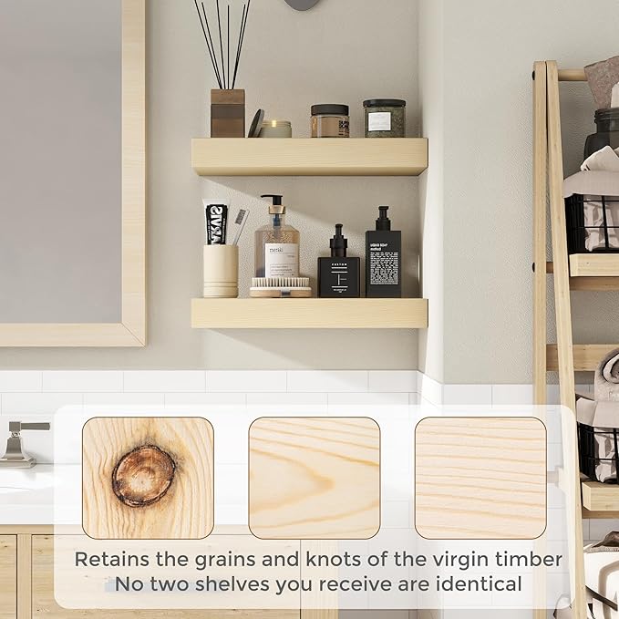 Marsmiles Natural Wood Floating Shelves | Unfinished Wood Wall Shelves Set of 2 | 16" W x 7.7" D x 1.6" H Natural Wooden Shelves for Bathroom Living Room Kitchen