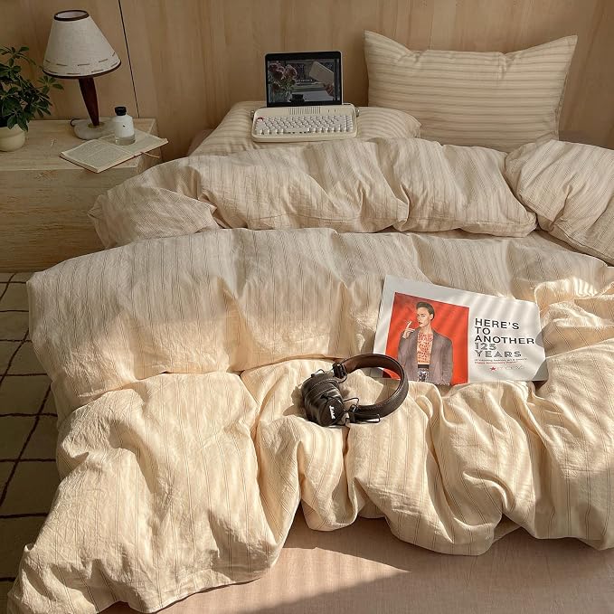 mixinni Retro Striped Duvet Cover Set Twin XL Size - 100% Washed Cotton Beige Duvet Cover with Black White Stripes, Soft Breathable 3 Piece Comforter Cover with Zipper Closure & Corner Ties