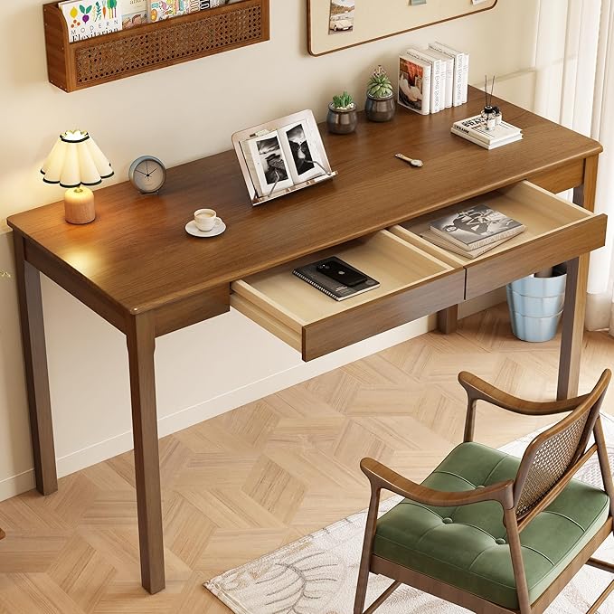 Solid Wood Desk with Drawers - 55 x 22 Inch Vintage Desks, Mid Century Modern Desks, Rubber Wood Study Table, Writing Desk with Drawers for Bedroom|Any Spaces - Walnut Color