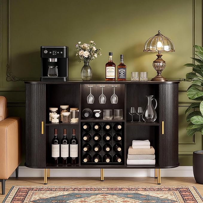 DHH 55" Wine Bar Cabinet with Storage, Fluted Liquor & Coffee Bar Cabinet with Wine Rack and Glass Holder, Buffet Sideboard with LED Lights for Home Kitchen Living Dining Room (Dark Walnut)