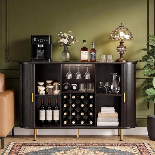 DHH 55" Wine Bar Cabinet with Storage, Fluted Liquor & Coffee Bar Cabinet with Wine Rack and Glass Holder, Buffet Sideboard with LED Lights for Home Kitchen Living Dining Room (Dark Walnut)