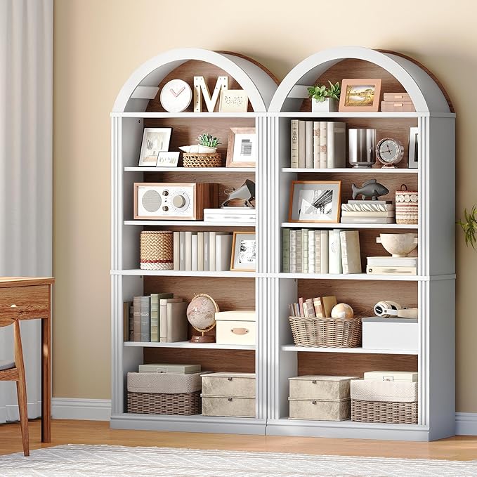 RALGEND Arched Bookshelf, 75.8" Tall Arch Bookcase with Storage, 6-Tier Farmhouse Book Shelf, Arched Cabinet, Wooden Bookshelf with Open Display Shelves, Adjustable Shelf, Office, Walnut and White