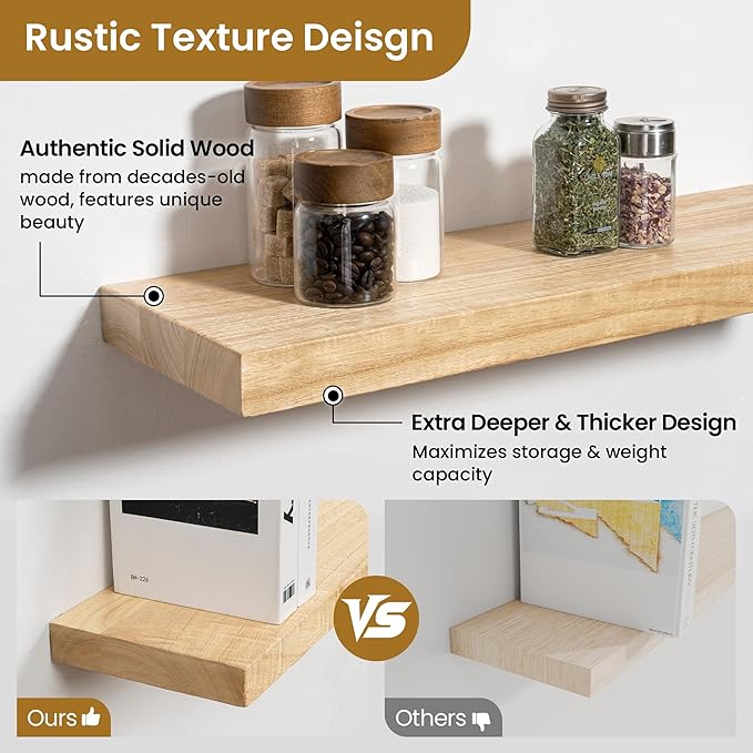 RICHFOCUS Rustic Wooden Floating Shelves for Wall - 55 Inch Wood Shelves Set of 2-7.9 Inch Deep Solid Paulownia Wood Wall Mounted Shelves with Upgraded Metal Brackets for Room Decor, Natural