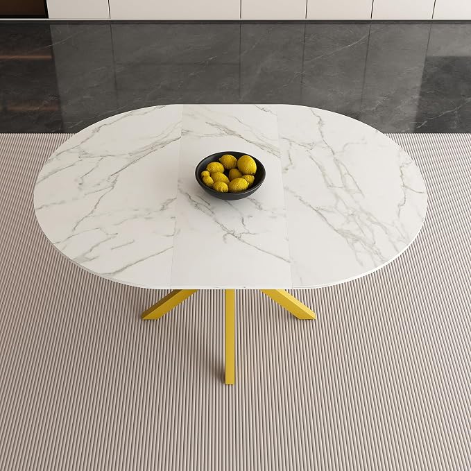 43"-59" Extendable Round Dining Table for 4-6,Modern White and Gold Dining Room Table,Expandable Kitchen Table for Small Spaces