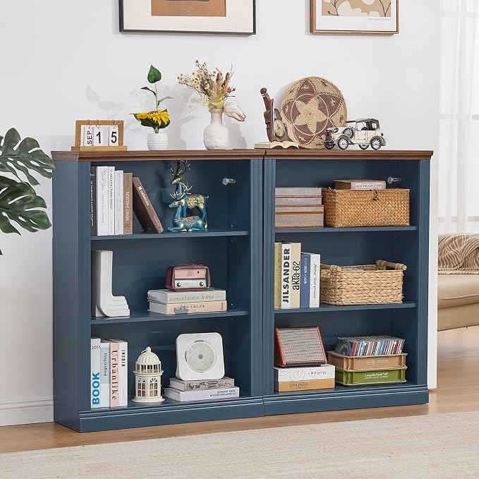 RWYHG 43" Blue Tall Bookshelf Set of 2,3-Tier Thick Wooden Book Shelf with Adjustable Shelves,Free Standing Farmhouse Bookcase with Open Display Storage,Floor Vintage Bookshelves for Living Room
