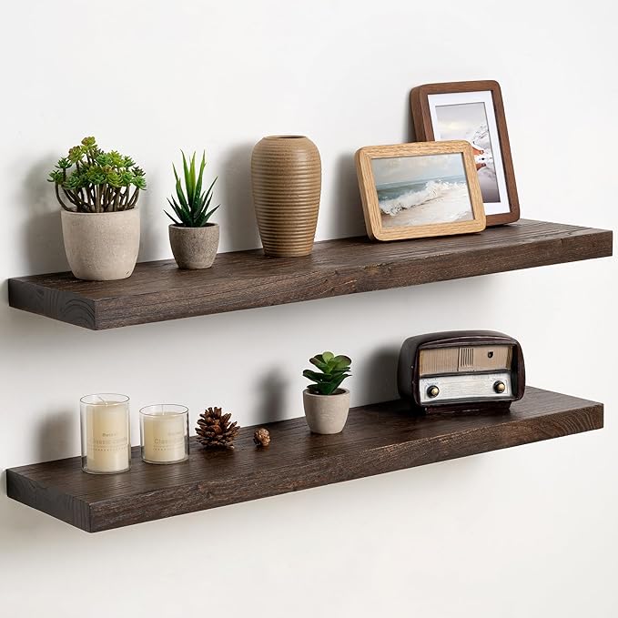 Fun Memories Solid Elm Wood Floating Shelves Set of 2-32 Inch Rustic Wall Shelves with Heavy-Duty Invisible Brackets - for Living Room, Kitchen, Bedroom, Bathroom - Walnut Finish