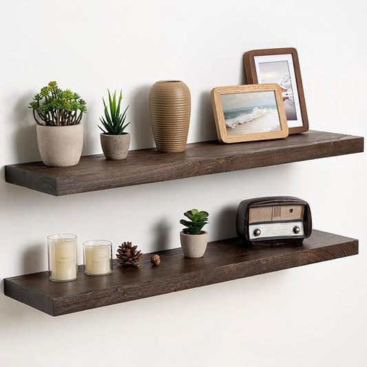 Fun Memories Solid Elm Wood Floating Shelves Set of 2-32 Inch Rustic Wall Shelves with Heavy-Duty Invisible Brackets - for Living Room, Kitchen, Bedroom, Bathroom - Walnut Finish