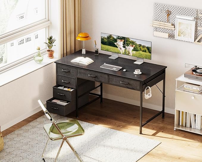 ODK Computer Desk with 6 Drawers, 48 Inch Office Desk with Storage, Reversible Desk with Headphone Hook for Home Office, Work Study Table for Bedroom, Black