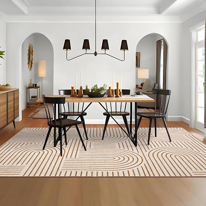 Washable Rug 6x9 Area Rugs for Living Room, Abstract Rug for Bedroom, Soft Rainbow Non Slip Throw Rugs with Rubber, Low Pile Stain Resistant Boho Geometric Carpet for Dining Room, Orange