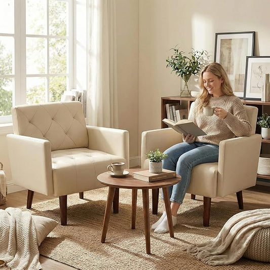 Modern Accent PU Chair, Living Room Chair Upholstered Single Sofa with 4 Sturdy Legs, Contemporary Reading Chair for Living Room, Reading Room, Bedroom (Cream)