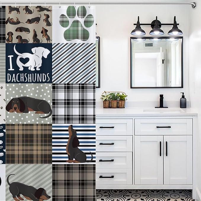 Dachshund Print Shower Curtain Dog Grey Brown Plaid Funny Animal Patchwork Pattern Duty Fabric Shower Curtains Set Bathroom Polyester Waterproof with 12 Hooks, 66x72Inch（168x183cm）