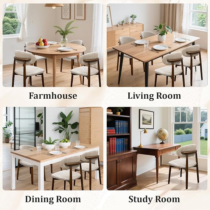 Farmhouse Dining Chairs Set of 8, Mid Century Modern Fabric Upholstered Kitchen Chairs, Wooden Dining Room Chair with Curved Back for Kitchen Dining Room Restaurant Cafe, Warm Gray (Only Chairs)