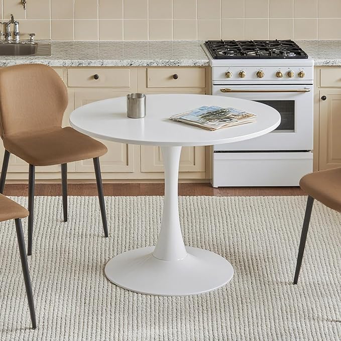Round Dining Table, 31.5" Circle Tulip Table with Thickened Tabletop & Metal Pedestal, Mid Century Modern Bistro Table for Kitchen, Small Places, Living Room, Cafe (White)