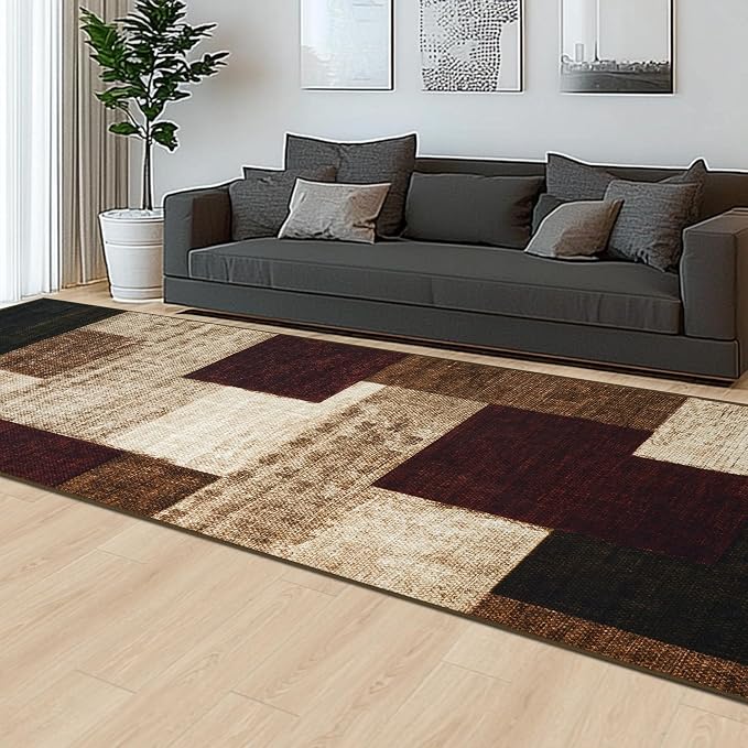 Modern Geometric Patchwork Indoor Runner Rug for Living Room, Red 2.7'x 8' Rug Rockwood Collection Hardwood Floors Decor for Bedroom, Burgundy Throw Carpet for Office Entryway Dining Room