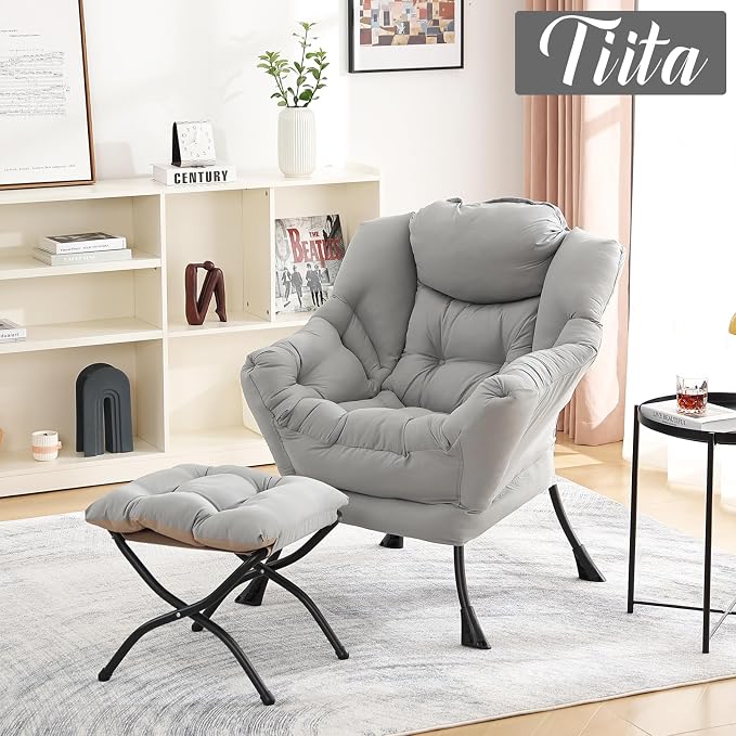 Tiita Lazy Chair with Ottoman, Light Grey Modern Large Accent Chair, Comfy Leisure Sofa Armchair with Ottoman, Reading Chair with Footrest for Bedroom, Living Room, Dorm Rooms, Peach Light Grey