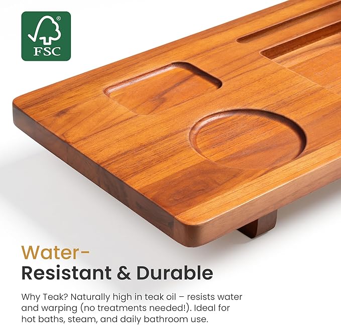 Teak Bathtub Tray Caddy - 29" Wide Adjustable Bathtub Table for Freestanding Tubs, Non-Slip Design with Phone/Wine Holder, Natural Bath Spa Essentials
