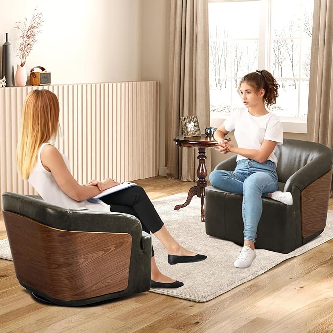 Genuine Leather Swivel Accent Chair Swivel Barrel Chair Comfortable Mid Century Modern Chair Upholstered Metal Base Armchair for Living Room Bedroom Office Large Olive Green