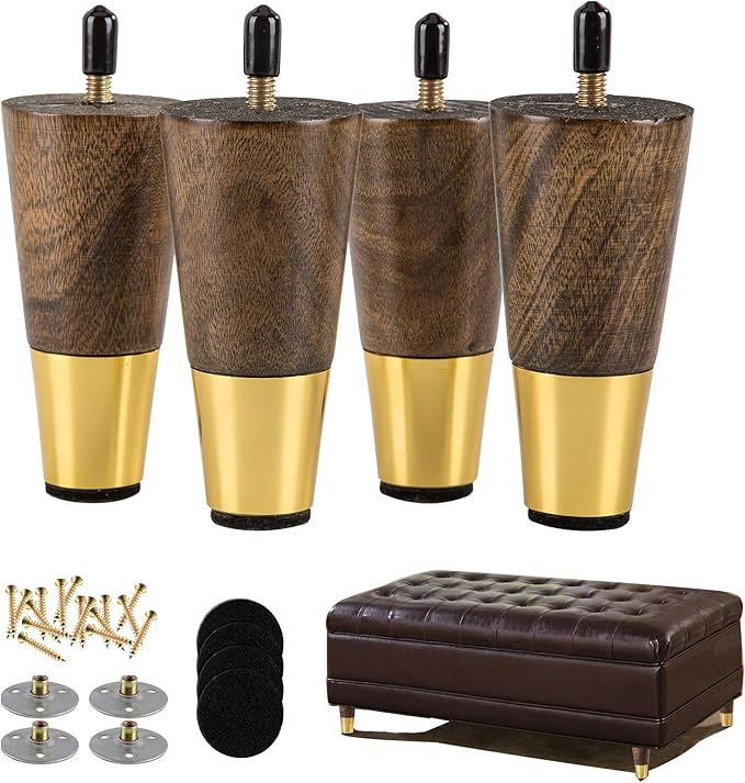 ALAMHI Wood Furniture Leg Sofa Legs 4 Inch Brown Round Tapered Mid-Century Modern Feet with Brass Base Replacement Legs for Cabinets,Coffee Table,Ottoman,TV Stand,Loveseat,Armchair Set of 4