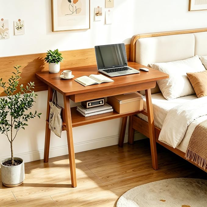 Solid Wood Writing Desk with Drawers - 31.5" Mid Century Modern Desk, Small Computer Home Office Desks for Small Spaces with Storage Shelf, Study Makeup Workstation for Bedroom/Living Room, Walnut