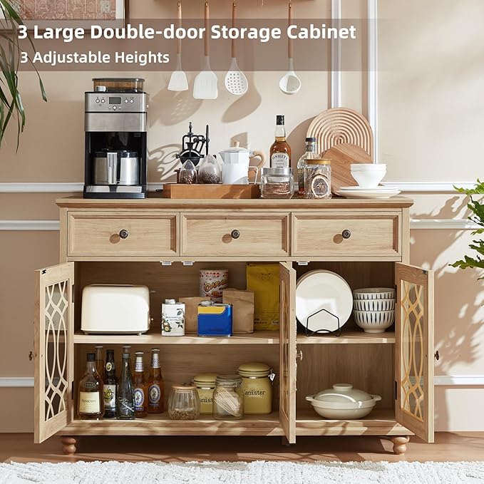 Farmhouse Sideboard Buffet Cabinet Set of 2 with Storage,48" Large Credenza with 3 Glass Doors & 3 Drawers,Adjustable Shelves Console Table,Wood Kitchen Coffee Bar for Dining Room,Natural