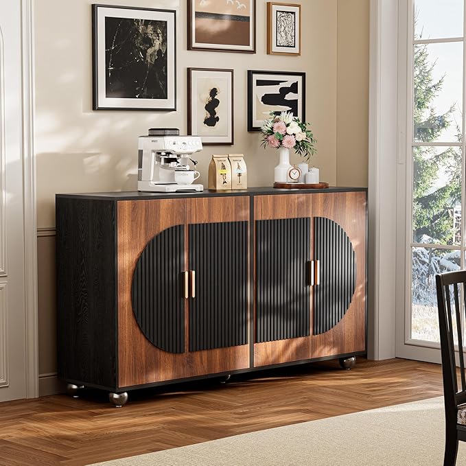 29" Fluted Modular Buffet Cabinet with Storage, Mid Century Modern Sideboard Console Table Credenza w/Adjustable Shelves, Wood Coffee Bar for Living Room/Dining Room/Kitchen/Entryway, Walnut
