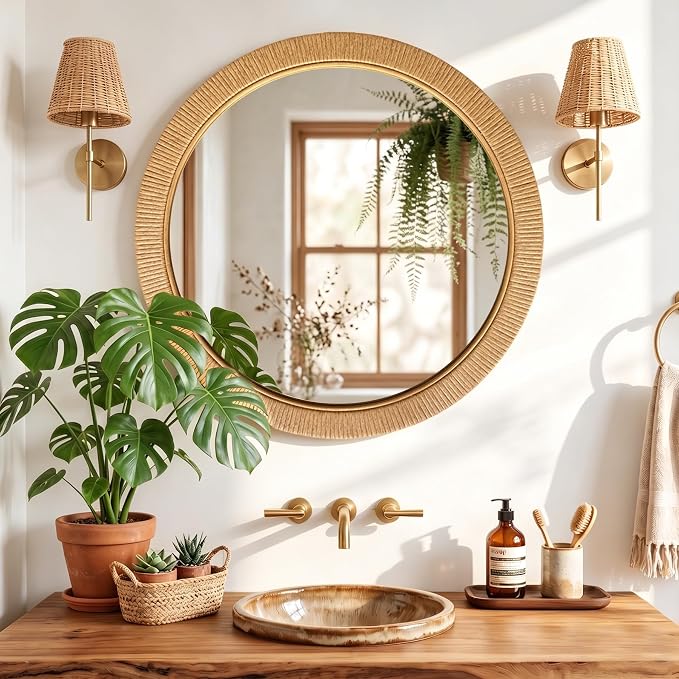 30"x30" inch Large Round Rattan Mirror for Wall, Boho Decorative Wicker Mirror Waterproof Synthetic Rattan Frame, for Bathroom, Bedroom, Living Room, Entryway