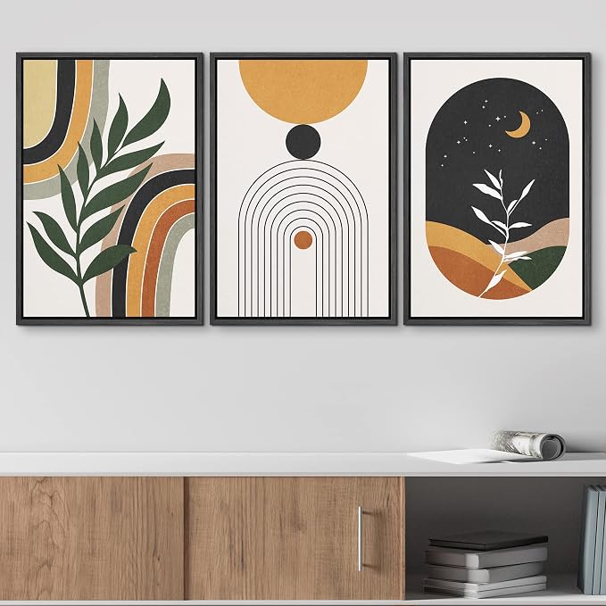 wall26 Framed Canvas Print Wall Art Set Boho Mid-Century Crescent Moon Plant Landscape Nature Abstract Illustrations Modern Art Bohemian Decorative for Living Room, Bedroom, Office - 24"x36"x3 Black