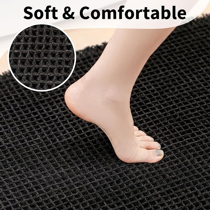 Black Long Bathroom Rug - Waffle Runner Bath Mat Non Slip Washable, Super Absorbent & Quick Dry, Boho Bath Mat Farmhouse Bathroom Decor, 24'' x 60'', Black