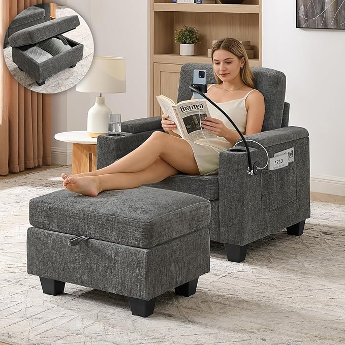 Oversized Chaise Lounge Chair Indoor, Single Convertible Recliner Reading Arm Sofa Chair W/Adjustable Backrest & Charging Port Couch Bed for Living Room, Home Theater & Bedroom, Grey