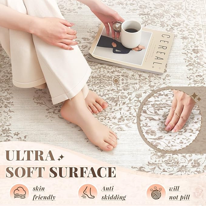 Area Rug 6x9 Vintage Rug: Washable Indoor Medallion Rugs Low Pile Distressed Floor Carpet Retro Accent Rug for Living Room Bedroom Kitchen Dining Table Home Office(Vintage Beige, 6'x9')