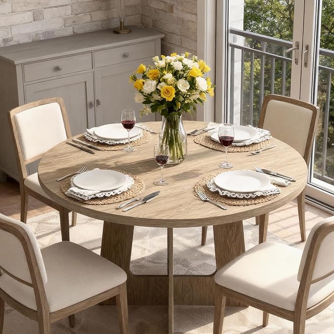 Round Dining Table for 4, 43.3" Kitchen Table for Dining Room, Circle Farmhouse Kitchen Table, Wood Dinner Table for Kitchen, Living Room, Apartment, Natural