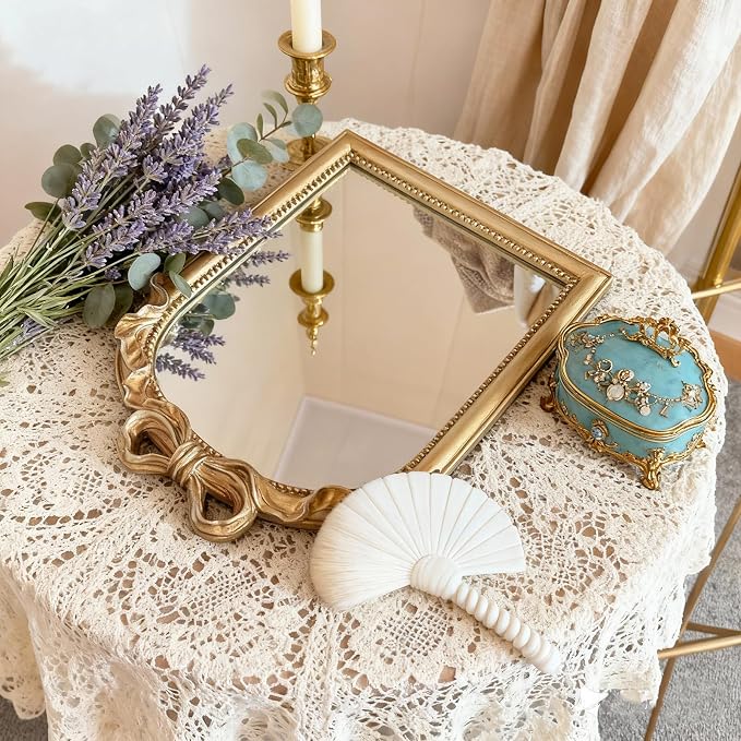 Vintage Carved Resin Desk Mirror - 13x10 Inch Decorative Vanity Mirror for Makeup, Dorm, Bedroom & Tabletop Deco (Bow Champagne Gold, 13" L x 10.2" W)