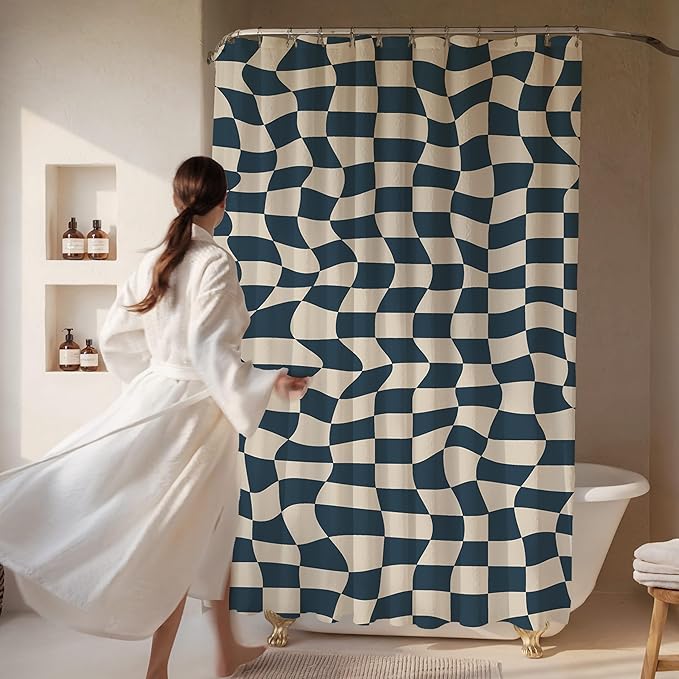 Wavy Check Print Shower Curtain - Modern Home Decor - Neutral Boho Style Checkered Fabric Shower Curtain for Any Bathroom - 72x72 Inches (Wavy Check)