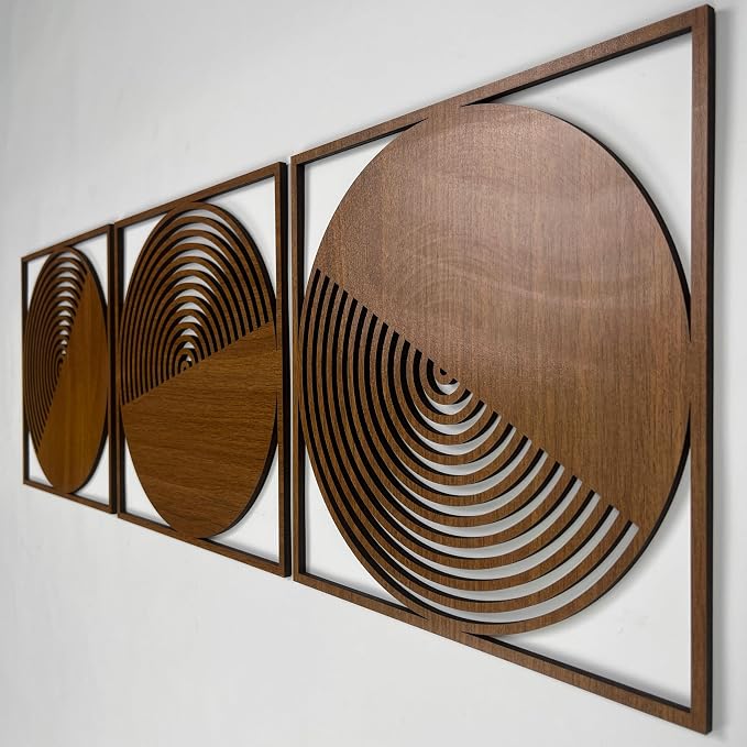 Round Wood Wall Art Set of 3, Modern Geometric Wooden Wall Art, Clean Aesthetic Wall Accent for Boho Living Room, Natural Wood Tones