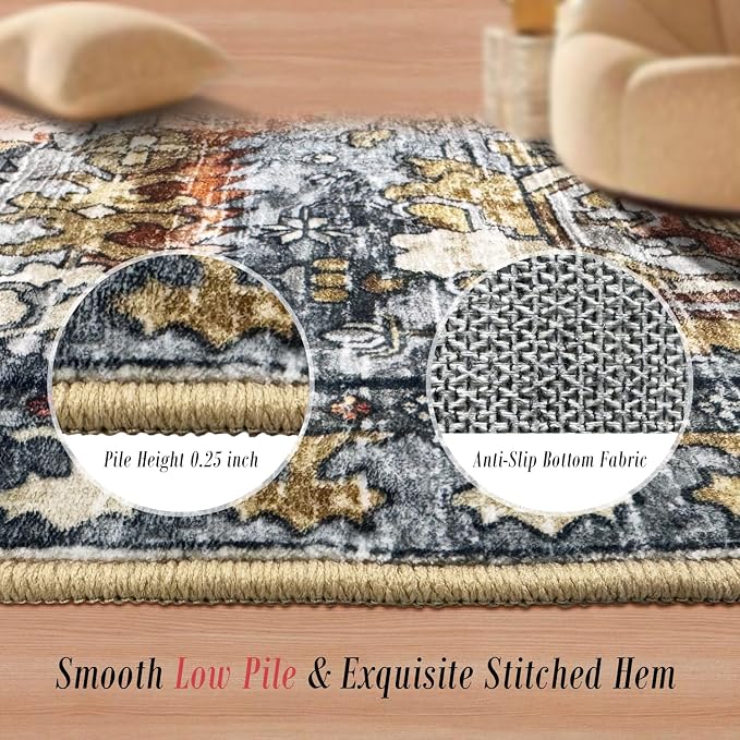 RUGSURE Washable Area Rugs - Perfect for Living Room, Bedroom, Kids Room, Nursery - Stain & Water Resistant Non-Slip, Pet & Child Friendly, Vintage Tribal Area Rugs (Turmeric and Grey, 8' x 10')