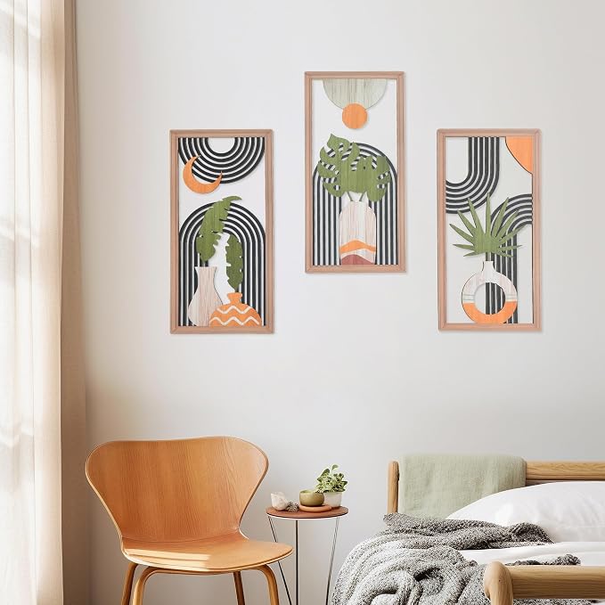 Boho Wall Art Set of 3, Modern Minimalist Leaf Wall Decor, Abstract Geometric Wooden Artwork for Living Room Bedroom Office, Mid Century Modern Decor (Contemporary Style - 11.8 x 5.9 inch)