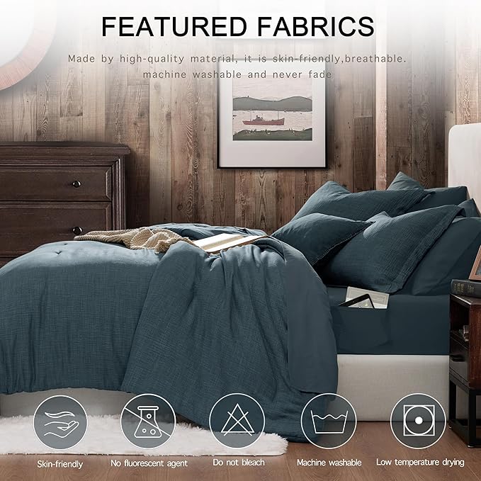 Geniospin Full Comforter Set - 7 Pieces Comforter Full Size, Solid Bedding Sets for All Season, Textured Bed in a Bag with Flat Sheet and Fitted Sheet, Pillowcases and Shams (Navy Blue, 80''x90'')