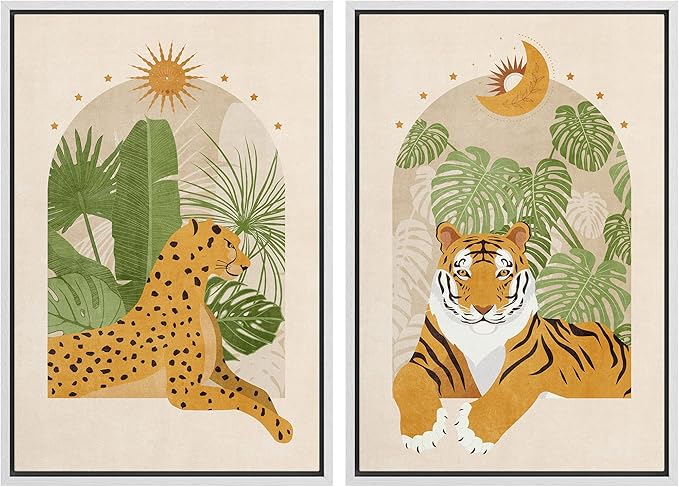 IDEA4WALL Framed Canvas Print Wall Art Set Indian Bengal Tiger Tropical Monstera Jungle Nature Wilderness Digital Art Modern Art Decorative Animal for Living Room, Bedroom, Office - 16"x24"x2 White