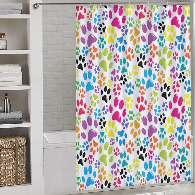 Dog Print Shower Curtain Cute Colorful Dogs Paws Duty Fabric Shower Curtains Set Bathroom Polyester Waterproof with 12 Hooks, 55x72Inch（140x183cm）