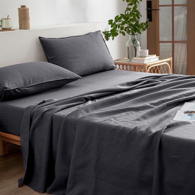 EVERLY Linen Queen Sheets Set, 100% Stonewashed French Linen Bed Sheets Deep Pocket Sheets, 4 Pieces (1 Flat Sheet, 1 Fitted Sheet, 2 Pillowcases) Natural Flax Bedding Set-Dark Grey