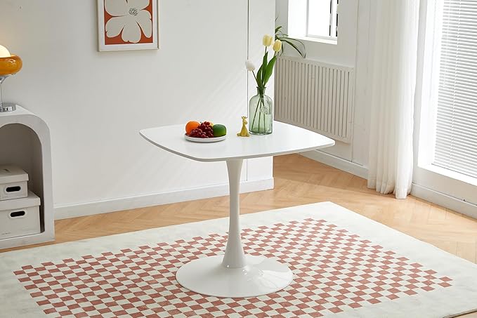 White Square Dining Table for 4, 31.5 inches Special Kitchen Table with Tulip Shape & Metal Pedestal Base, Mid Century Modern Bistro Tulip Table for Kitchen, Small Space, Cafe
