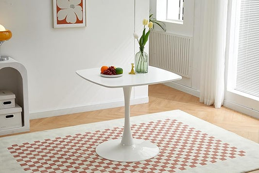 White Square Dining Table for 4, 31.5 inches Special Kitchen Table with Tulip Shape & Metal Pedestal Base, Mid Century Modern Bistro Tulip Table for Kitchen, Small Space, Cafe
