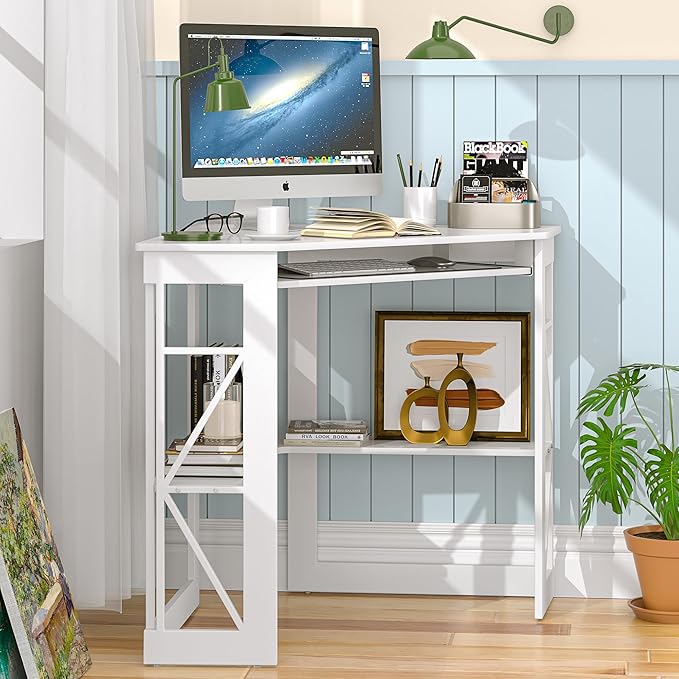 VECELO Corner Desk, Triangle Computer Desk for Small Space with Charging Station and Keyboard Tray, Corner Makeup Table with Storage Shelves for Home Office Bedroom, 41x30, White