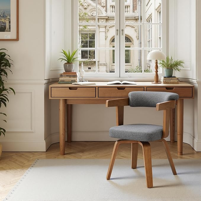 Art Leon Office Chair No Wheels - Mid Century Modern Desk Chair, Fabric Upholstered Accent Arm Chair with Wood Legs for Small Spaces Home Office Living Room Bedroom Study, Off White/Walnut